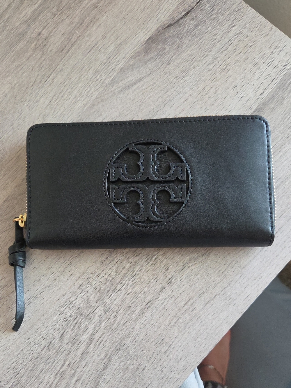 Tory Burch Black Leather Zip Wallet with Cutout Logo
